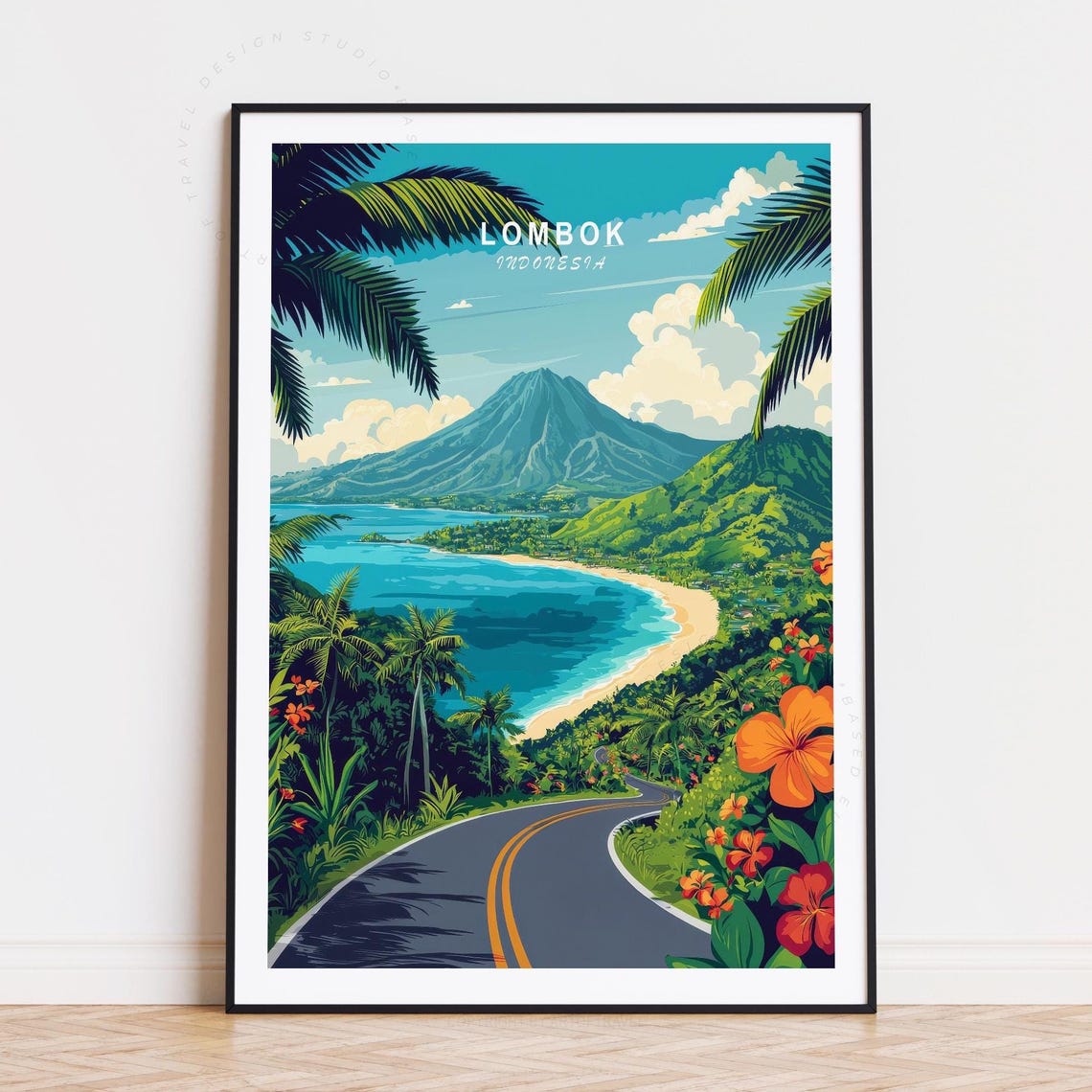 Lombok Indonesia Volcano Bay Tropical Coastal Road Travel Poster