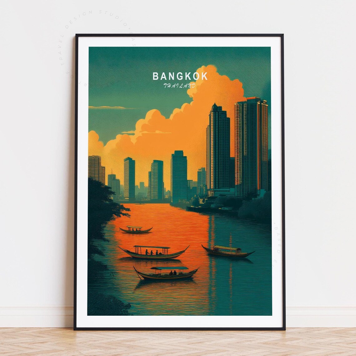 Bangkok Thailand River Sunset Longtail Boats Skyline Travel Poster