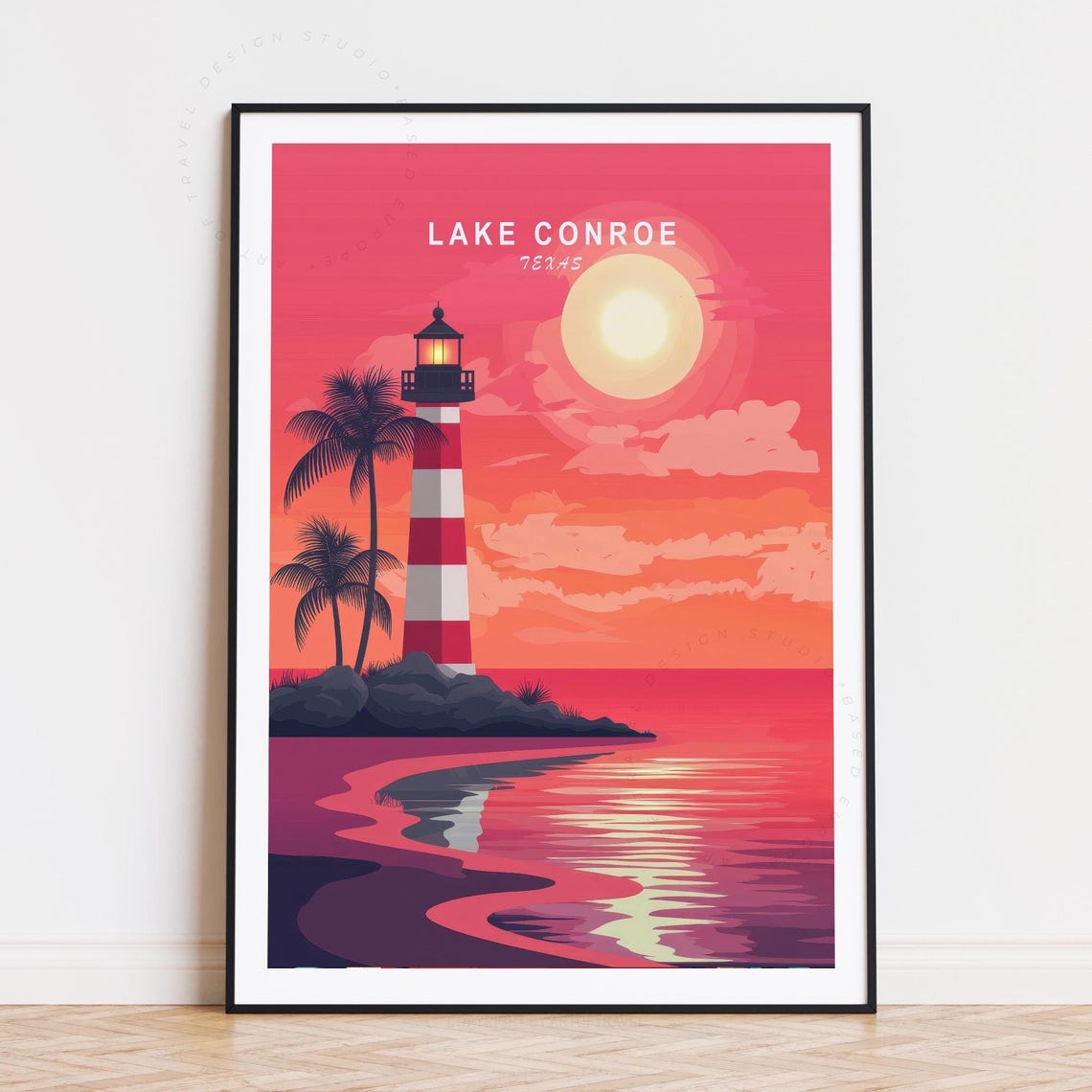Lake Conroe Texas Pink Sunset Lighthouse Palm Trees Travel Poster