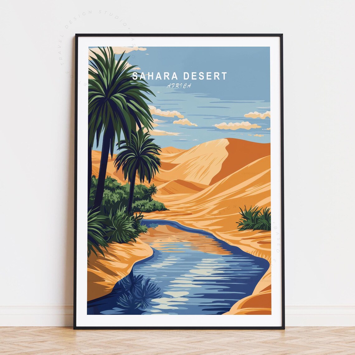 Sahara Desert Africa Oasis Palms Dunes Stream Retro Travel Poster