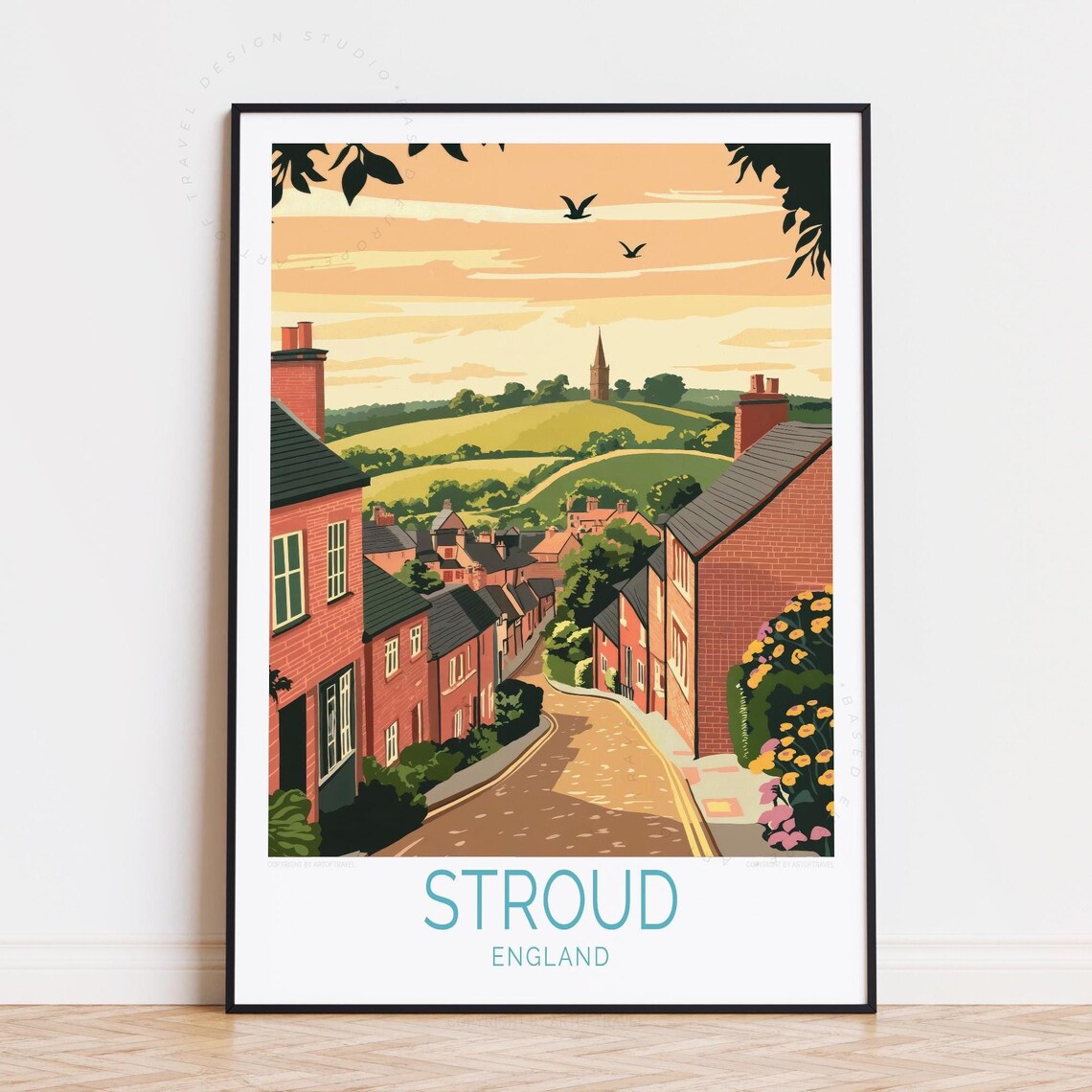 Stroud England Brick Street Hillside Cottages Sunset Travel Poster