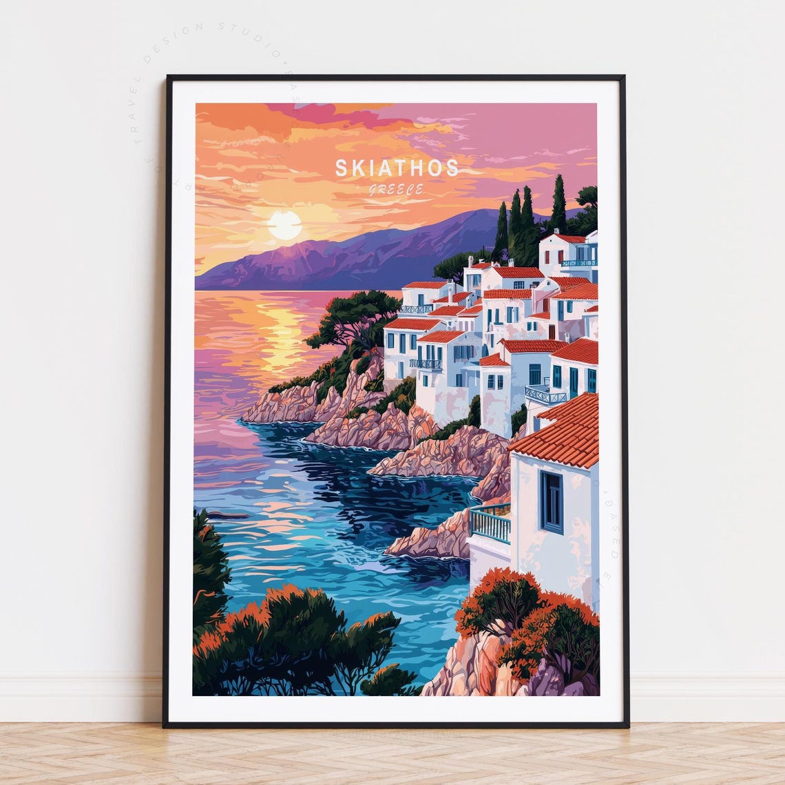 Skiathos Greece Sunset Cove Whitewashed Cliffs Vintage Poster