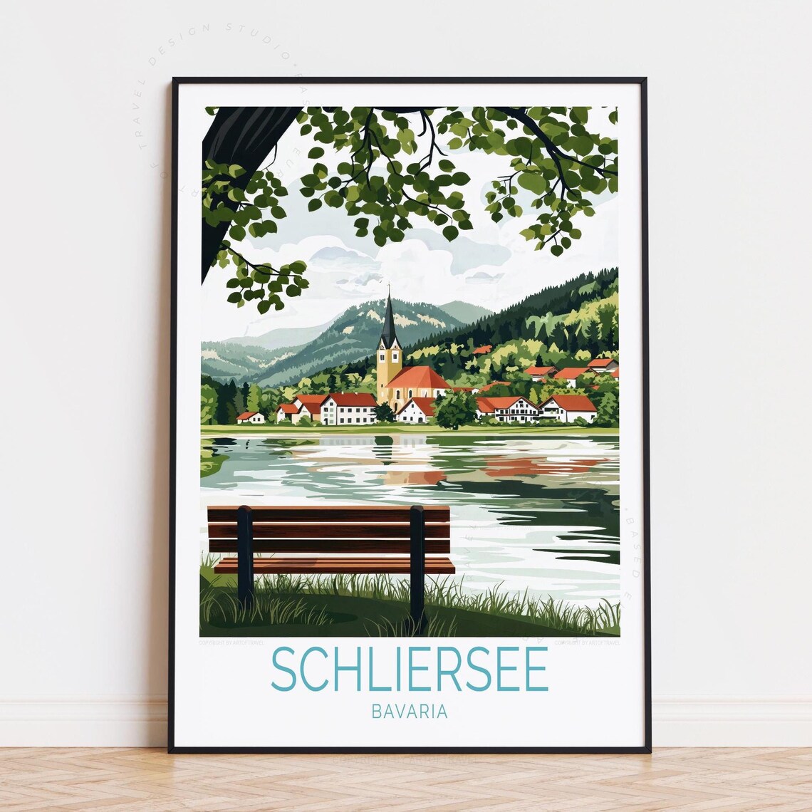 Schliersee Bavaria Travel Poster Lake Bench Village And Church