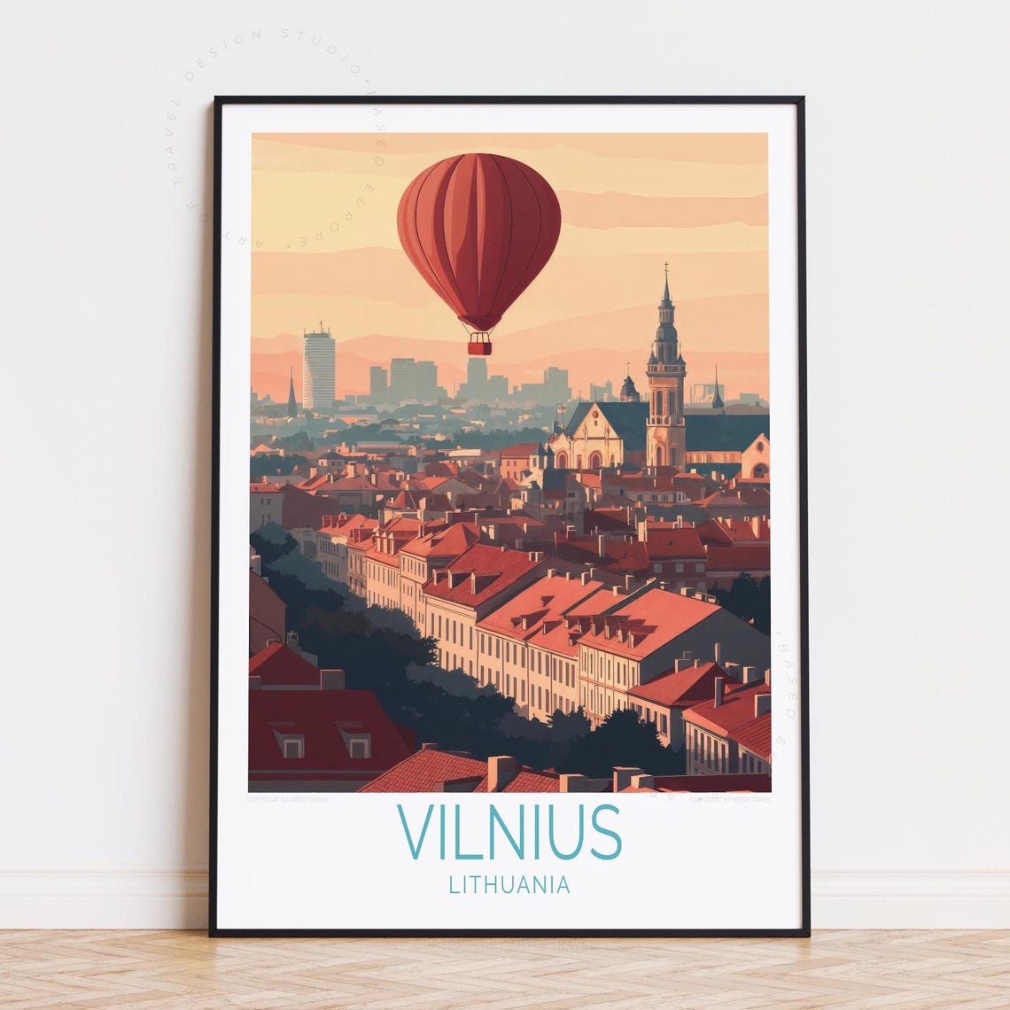 Vilnius Lithuania Hot Air Balloon Over Old Town Rooftops Poster