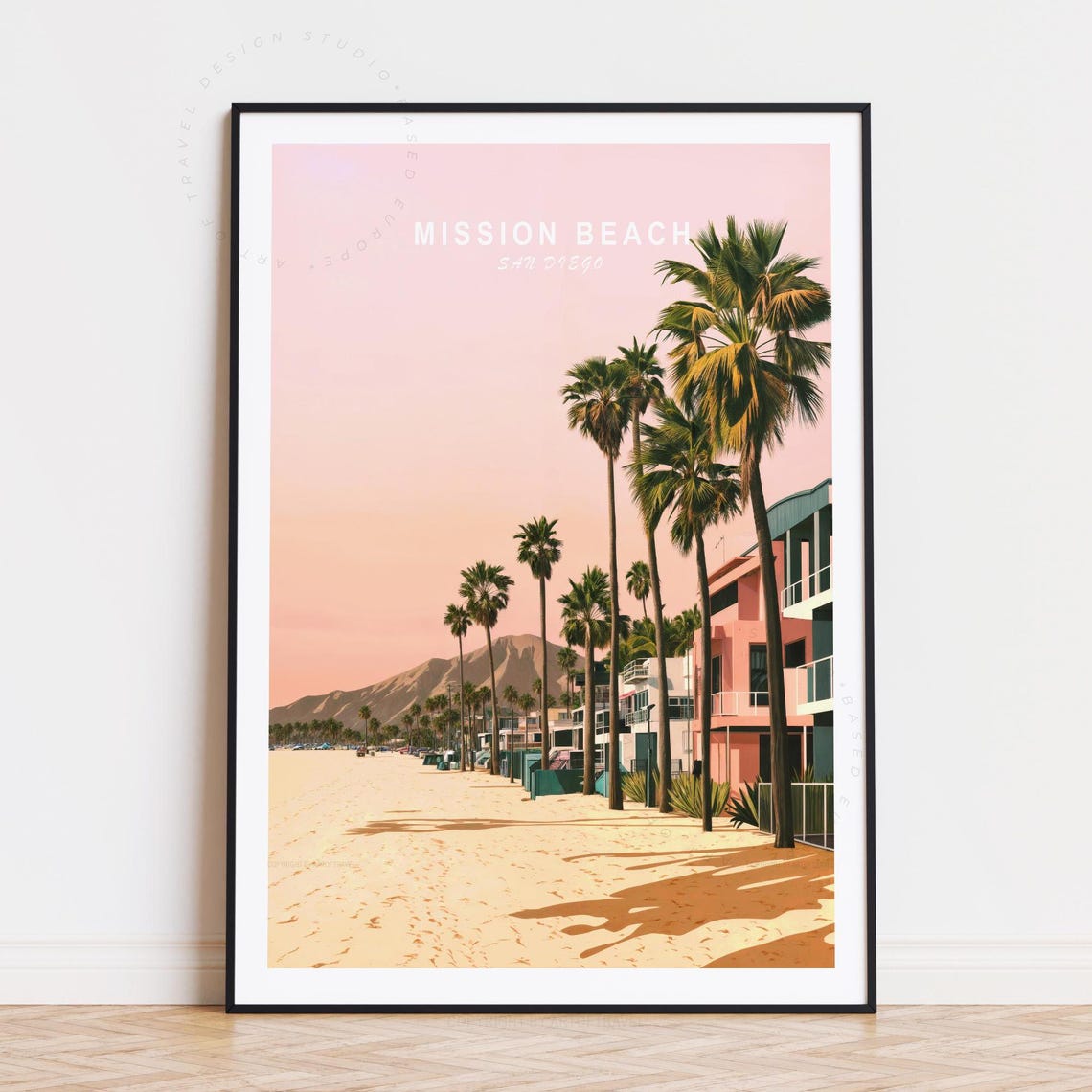 Mission Beach San Diego Sunset Palm Beach Vintage Travel Art Poster