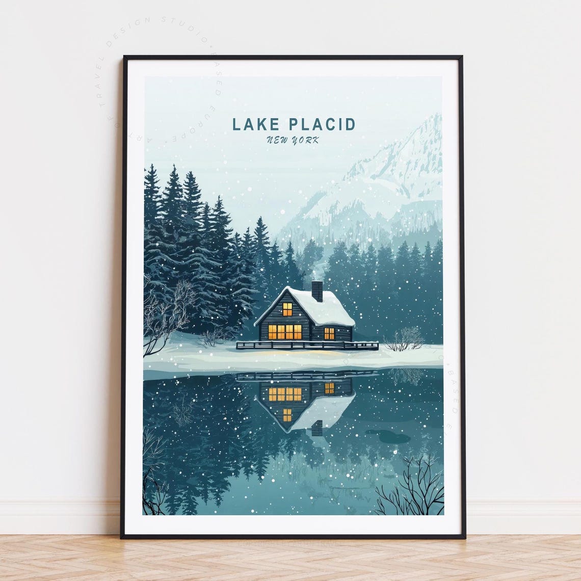 Lake Placid New York Snowy Cabin Night Reflection Winter Poster