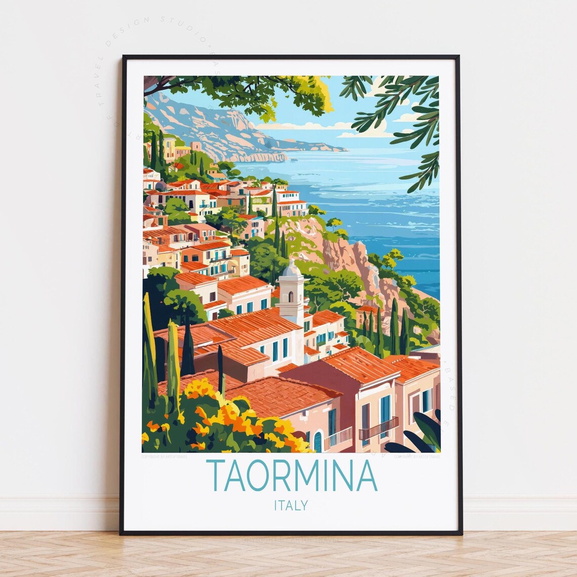 Taormina Italy Sicily Church Tower Old Town Bay View Travel Poster