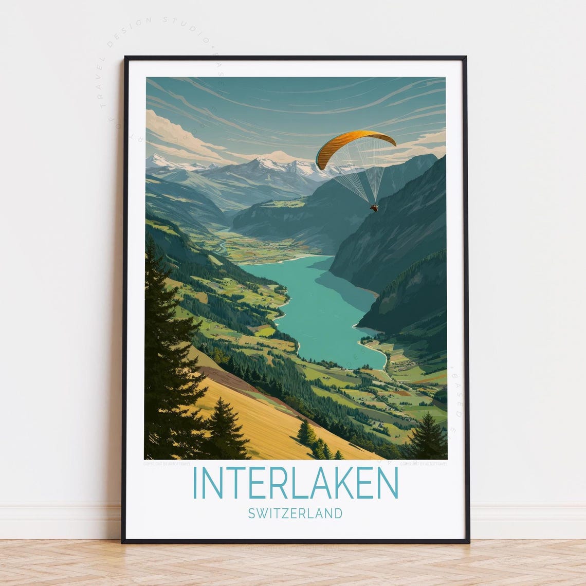 Interlaken Switzerland Paraglider Alpine Lake Peaks Adventure Poster
