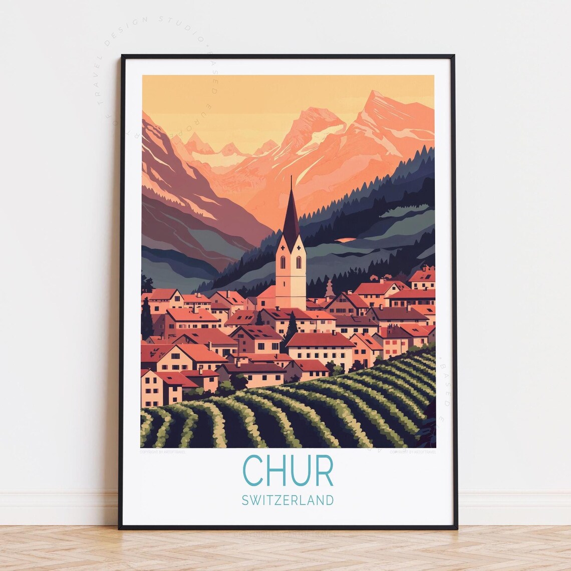 Chur Switzerland Old Town Church Vineyards Sunset Mountain Poster