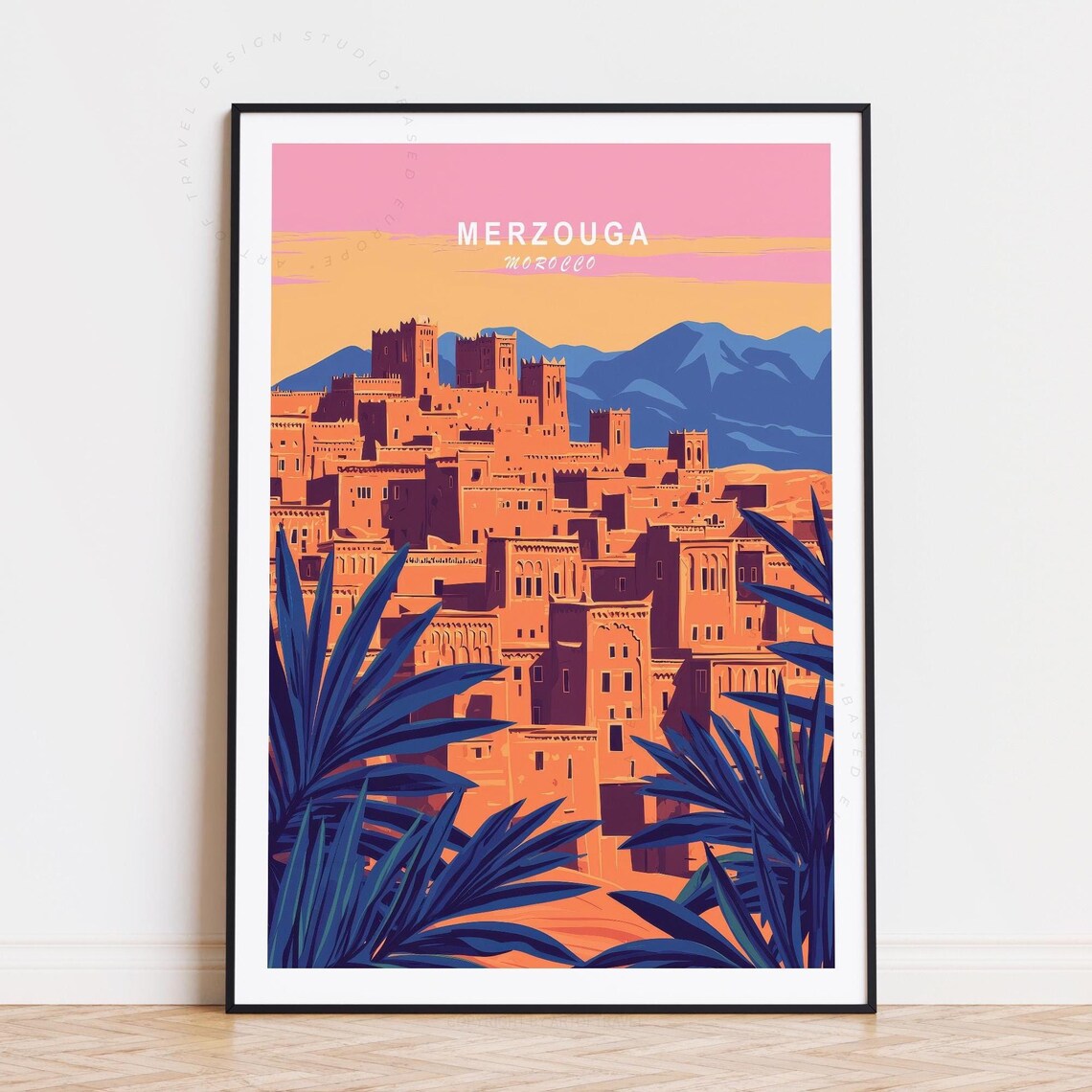 Merzouga Morocco Desert Kasbah Pink Sunset Vintage Travel Art Poster