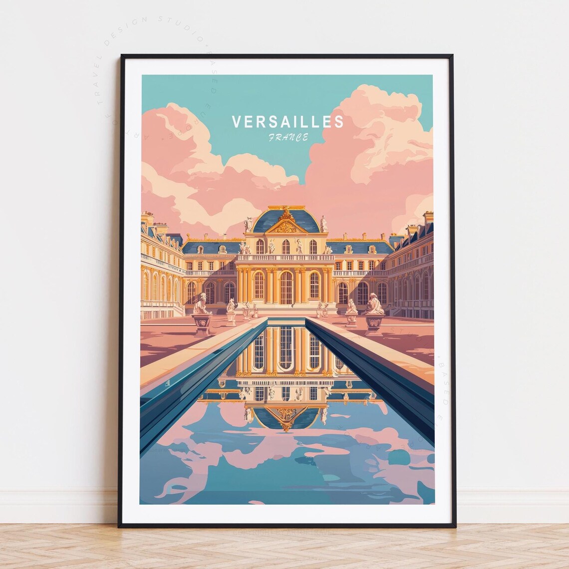 Versailles France Palace Courtyard Pink Sky Vintage Travel Poster