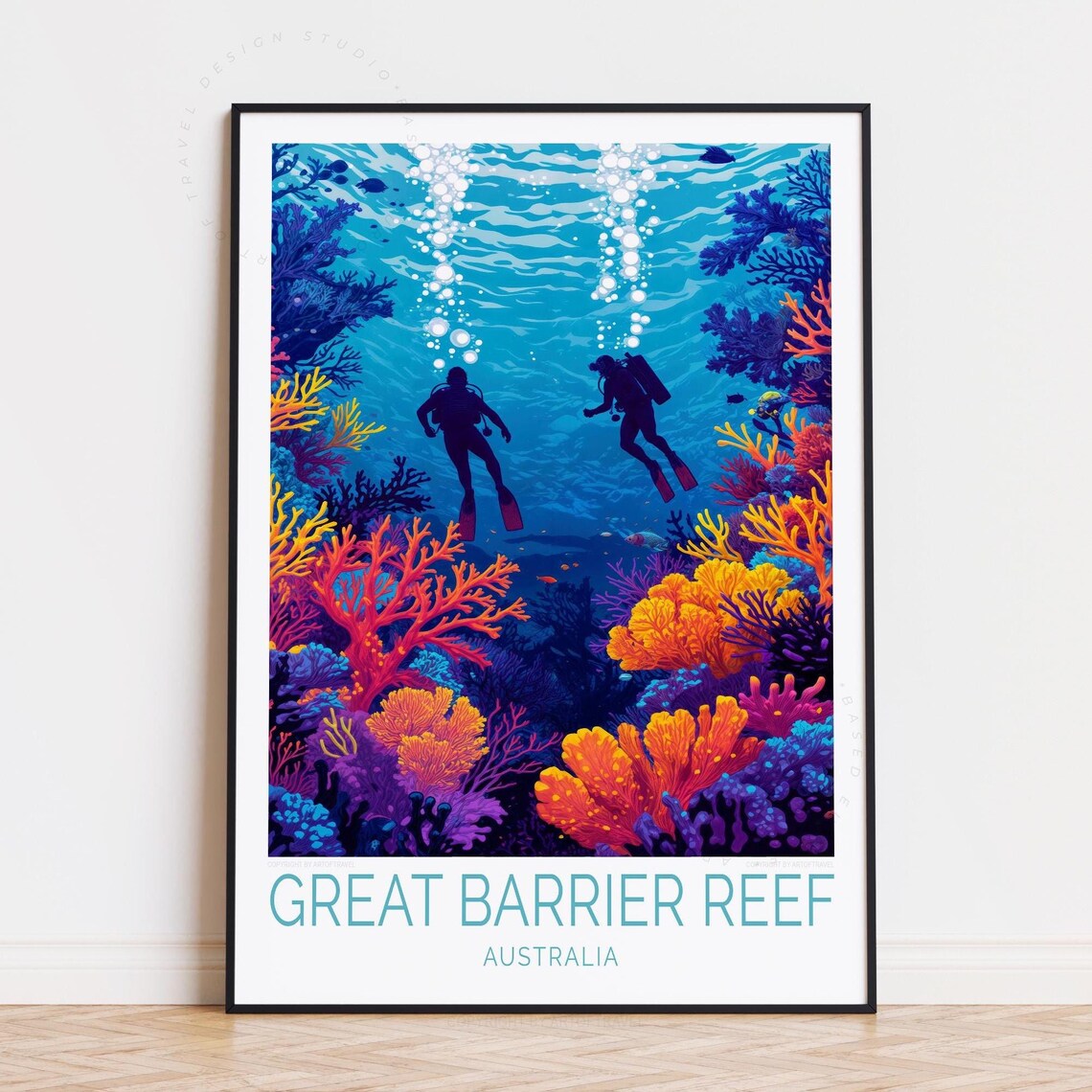 Great Barrier Reef Australia Divers Silhouette Coral Travel Poster