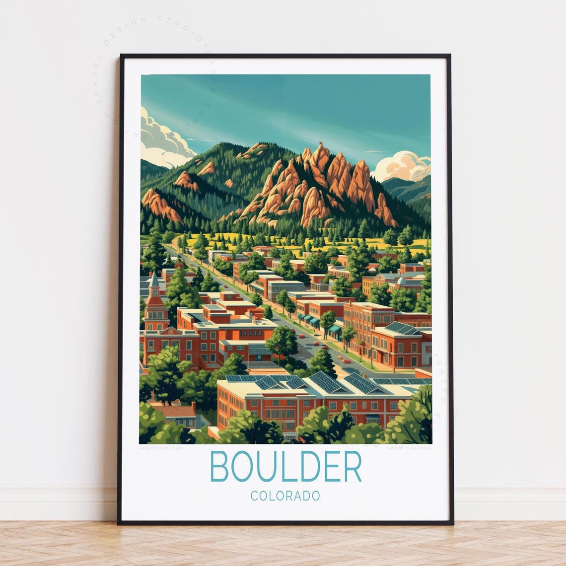 Boulder Colorado Red Rocks Flatirons Town Skyline Travel Poster