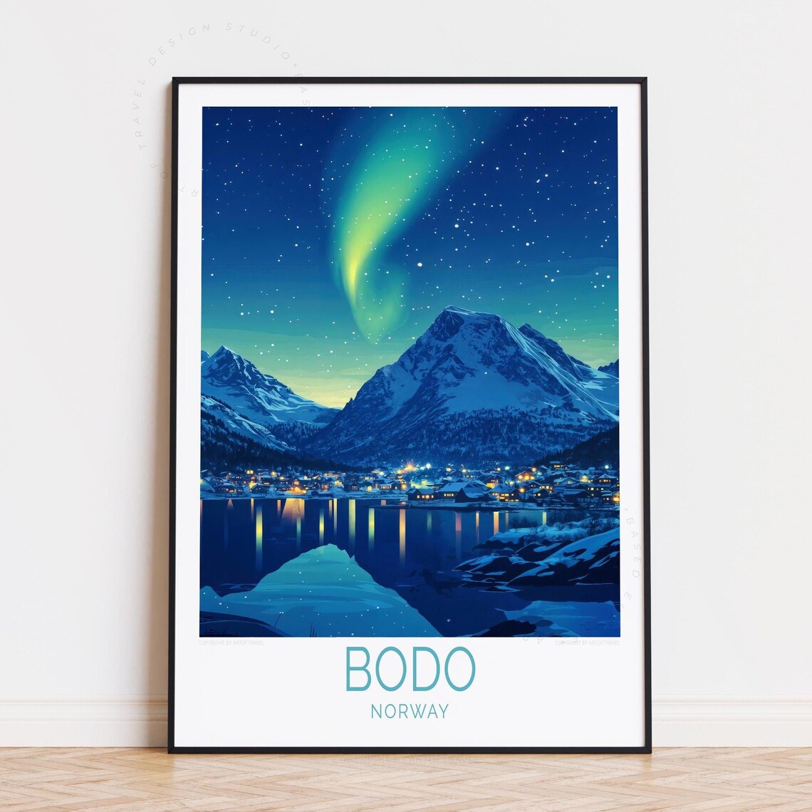 Bodo Norway Northern Lights Fjord Night Village Travel Poster