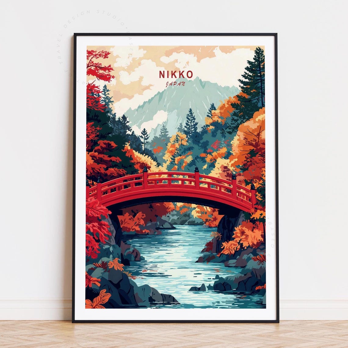 Nikko Japan Iconic Red Bridge Mountain Autumn Foliage Poster