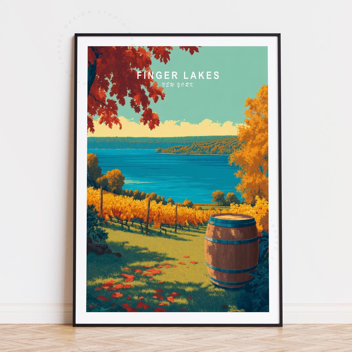 Finger Lakes New York Autumn Lake Vineyard Wine Barrel Scenic Poster