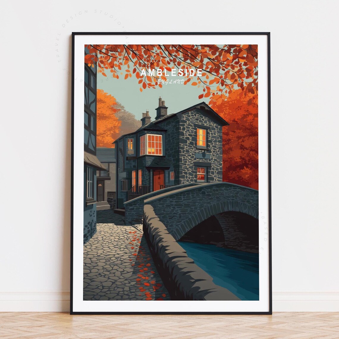 Ambleside England Autumn Stone Cottage and Bridge Travel Poster