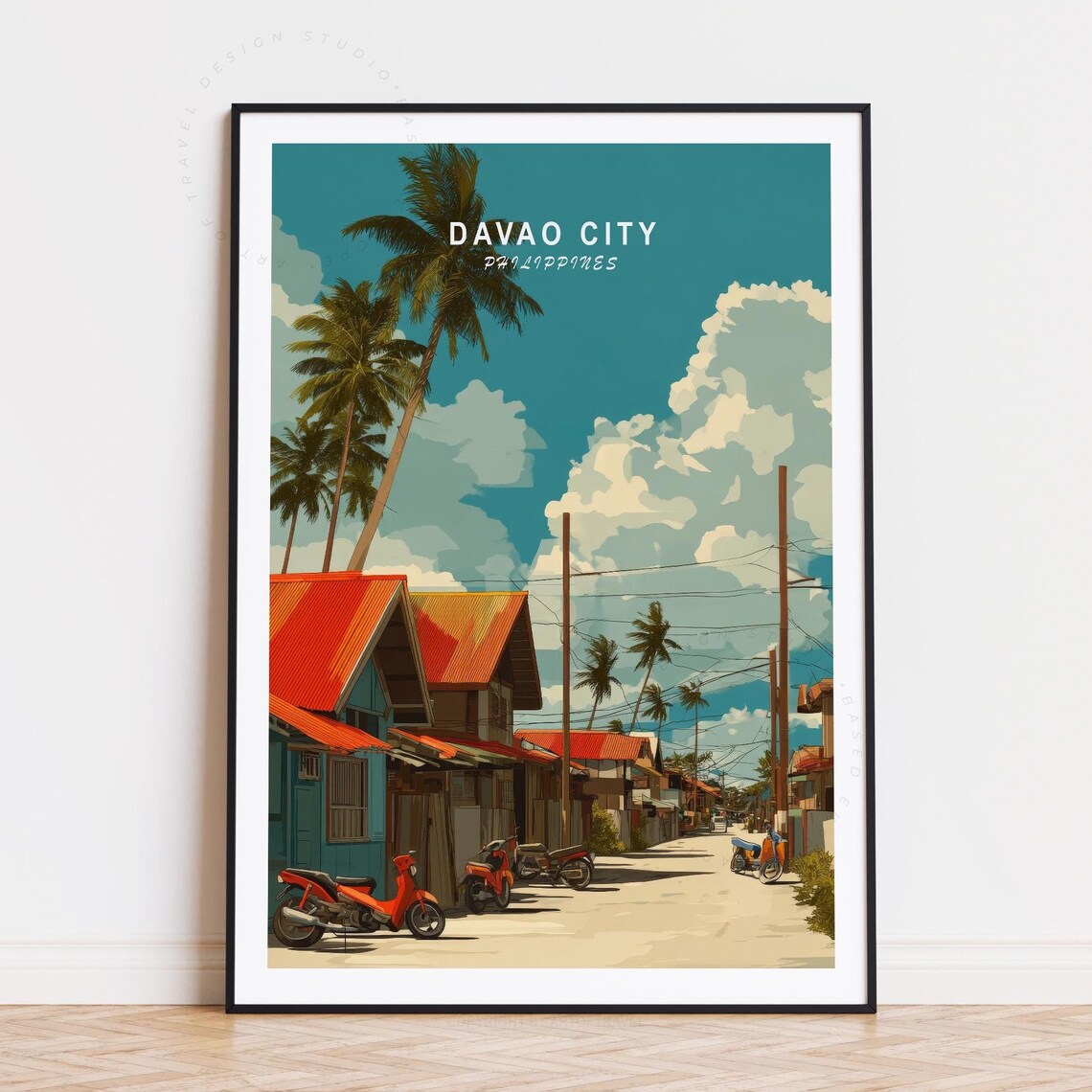 Davao City Philippines Street Red Roofs Palm Trees Retro Travel Poster