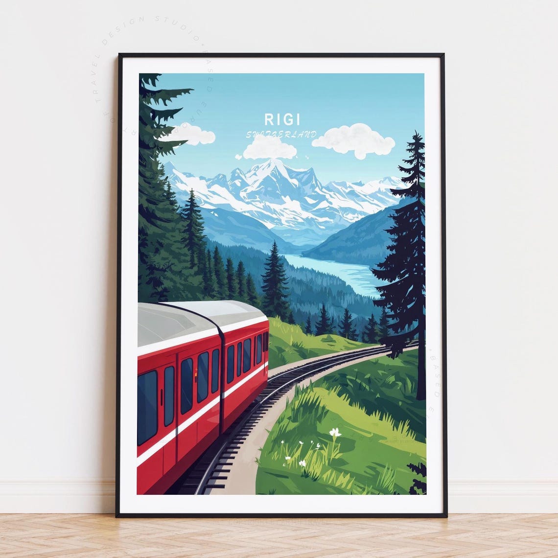 Rigi Switzerland Red Train Alpine Tracks Snow Capped Peaks Poster