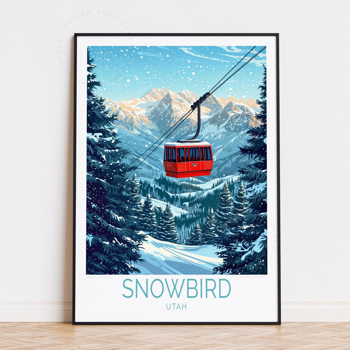 Snowbird Utah Red Gondola Snowy Ski Mountain Retro Travel Poster