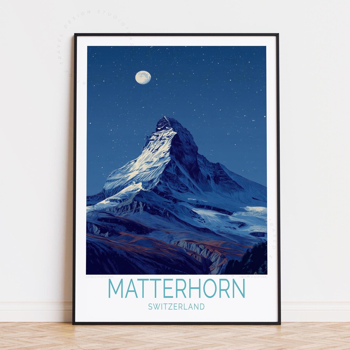 Matterhorn Switzerland Night Sky Moon Stars Line Art Travel Poster