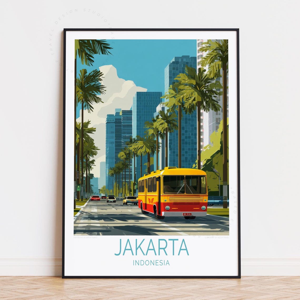 Colorful Jakarta Indonesia Retro Bus Palms Modern Skyline Poster