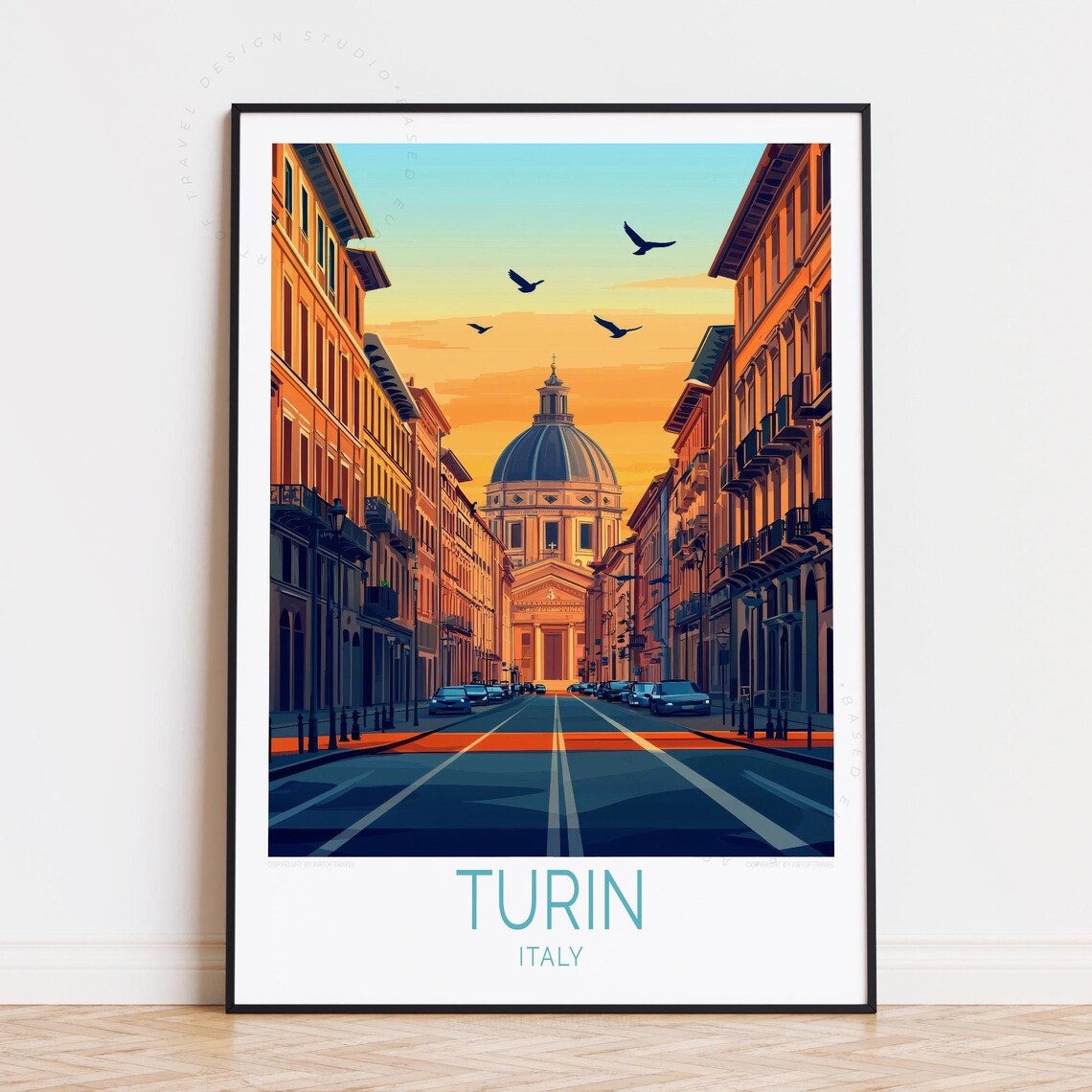 Turin Italy Sunset Street Historic Dome Birds Golden Hour Poster
