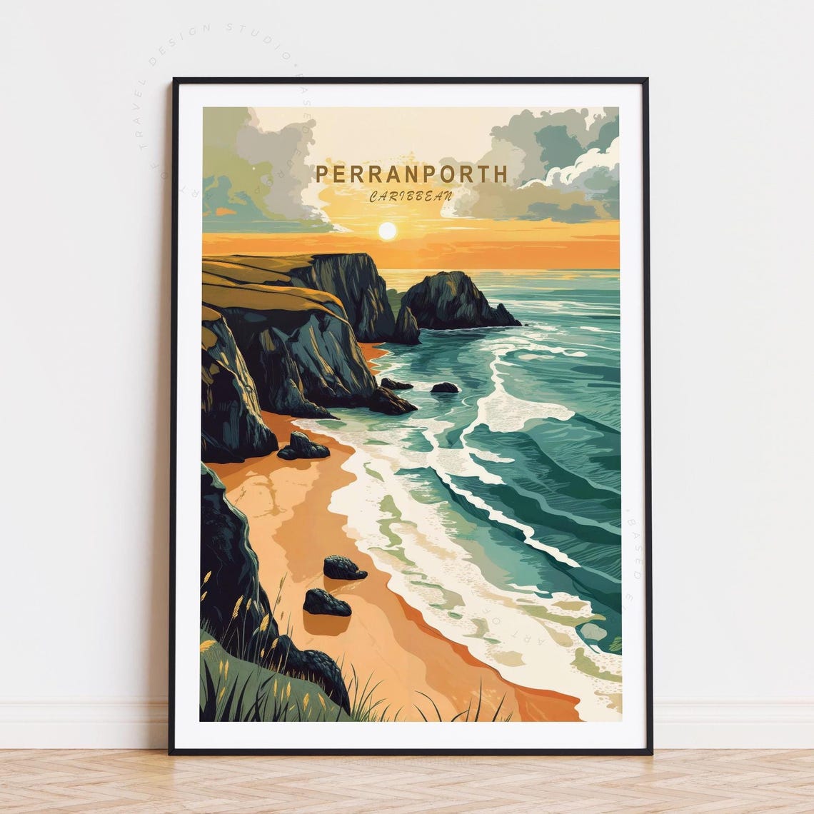 Perranporth England Sunset Cliff Beach Golden Coastal Surf Poster