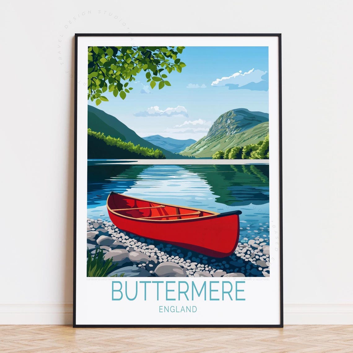 Buttermere England Red Canoe on Pebble Shore Lake View Poster