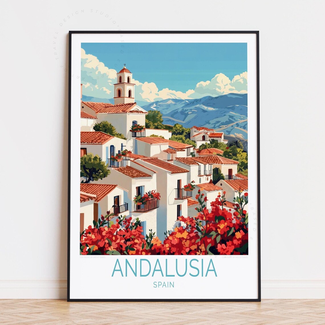 Andalusia Spain Whitewashed Village Church Red Flowers Travel Poster