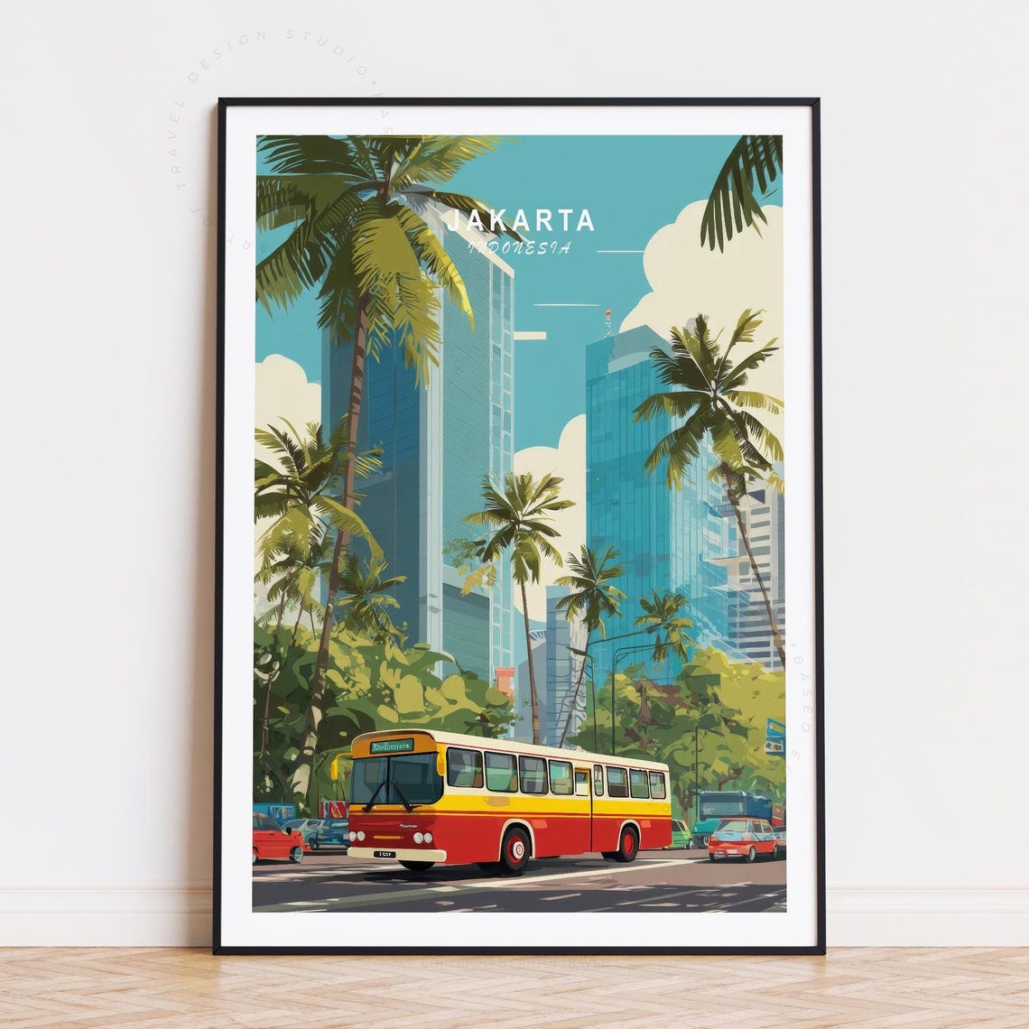 Jakarta Indonesia City Skyscrapers Palm Trees Retro Bus Travel Poster