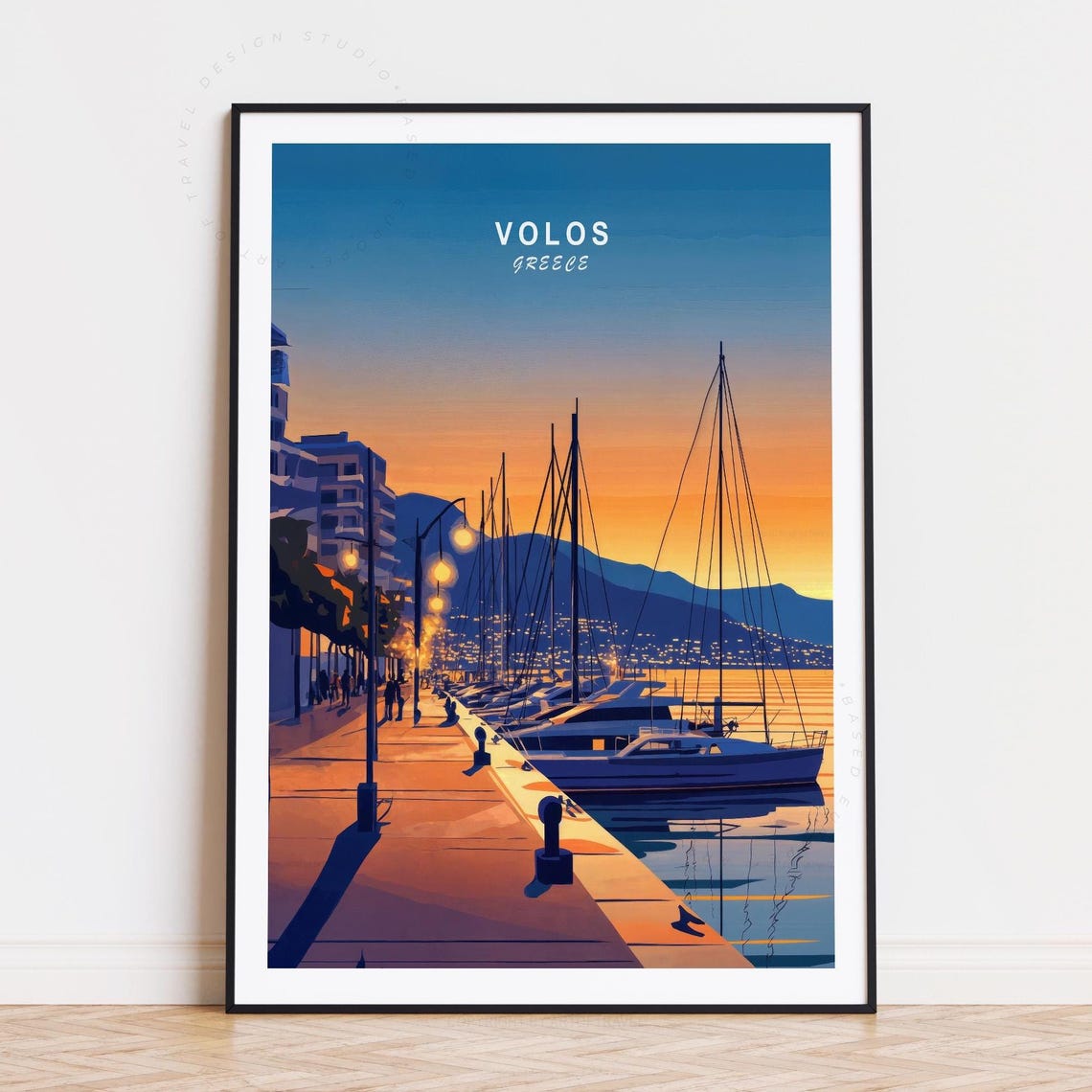 Volos Greece Dusk Marina Promenade Lights Sailboats Scene Poster