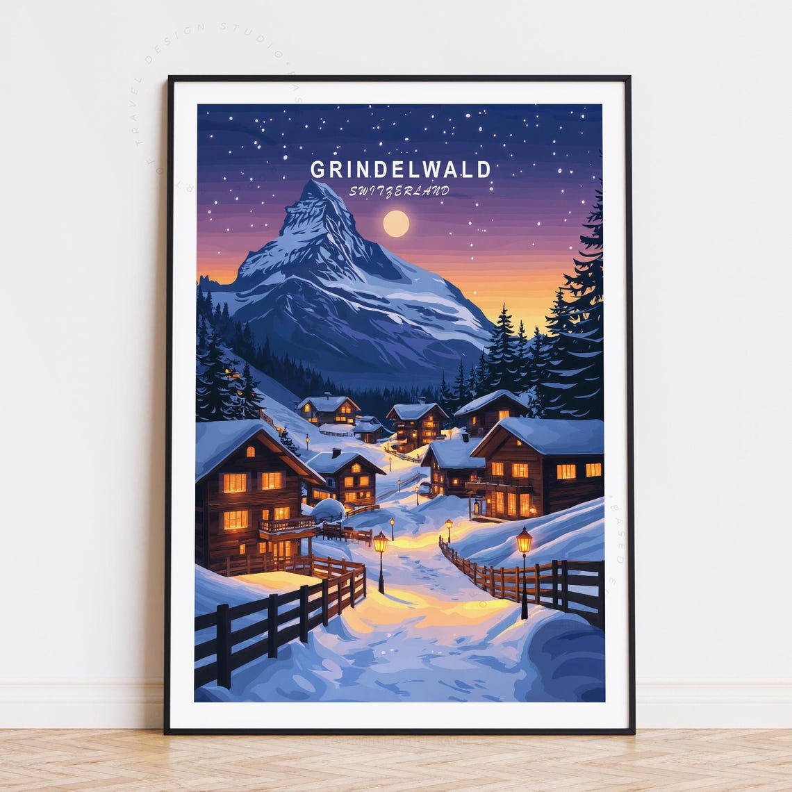 Grindelwald Switzerland Winter Village Chalets Full Moon Poster