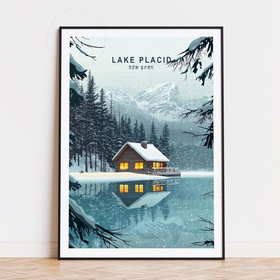 Lake Placid New York Snowy Winter Cabin Still Lake Mirror Poster