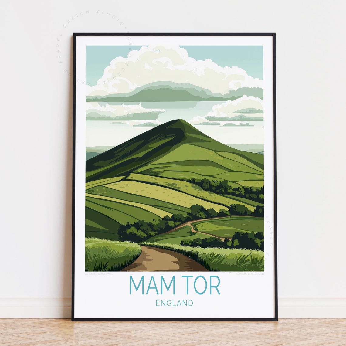 Mam Tor England Green Ridge and Winding Path Countryside Travel Poster