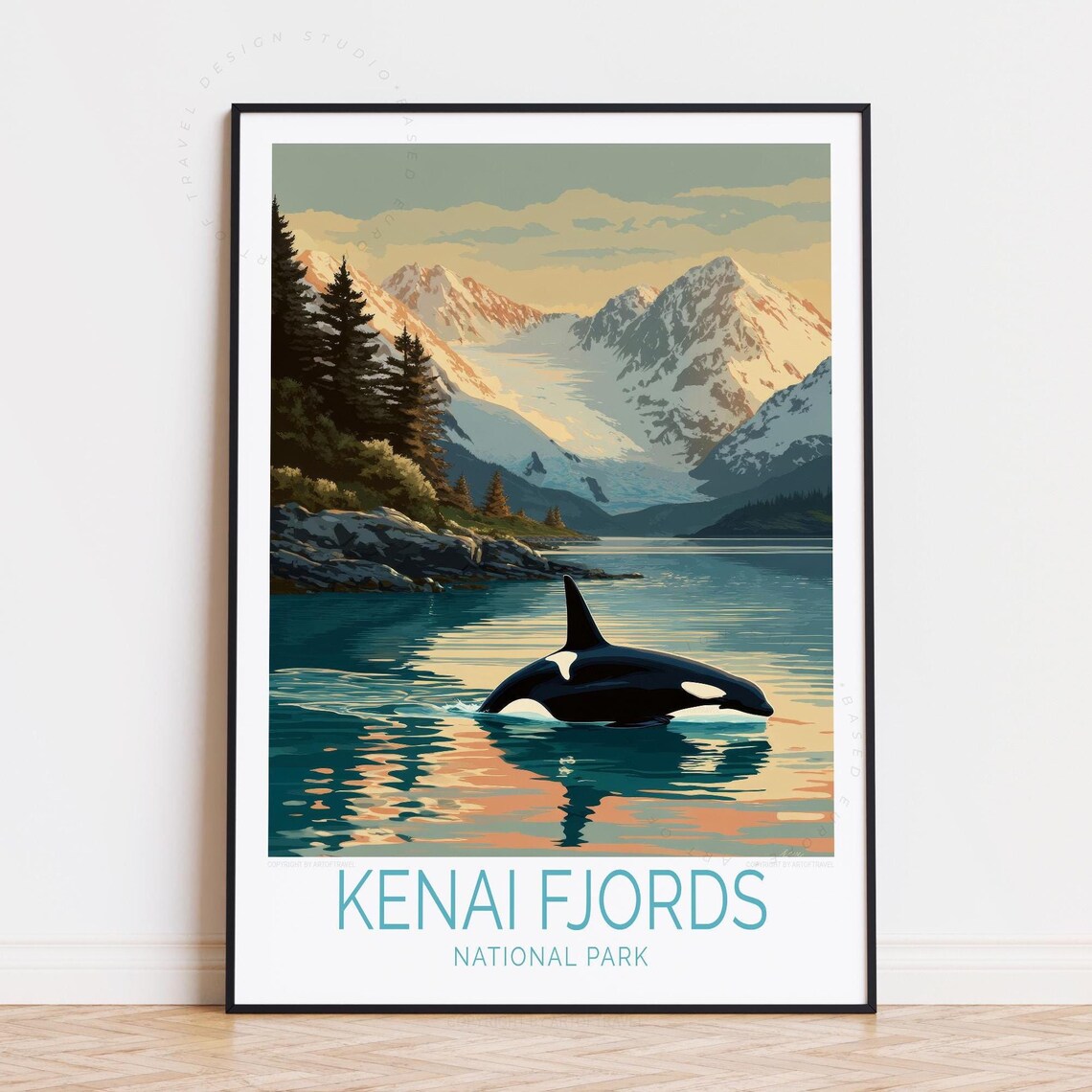 Kenai Fjords National Park Orca Swimming Beneath Glacier Peaks Poster