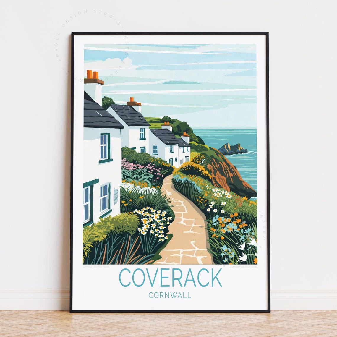 Coverack Cornwall Cliff Path White Cottages Wildflowers Travel Poster