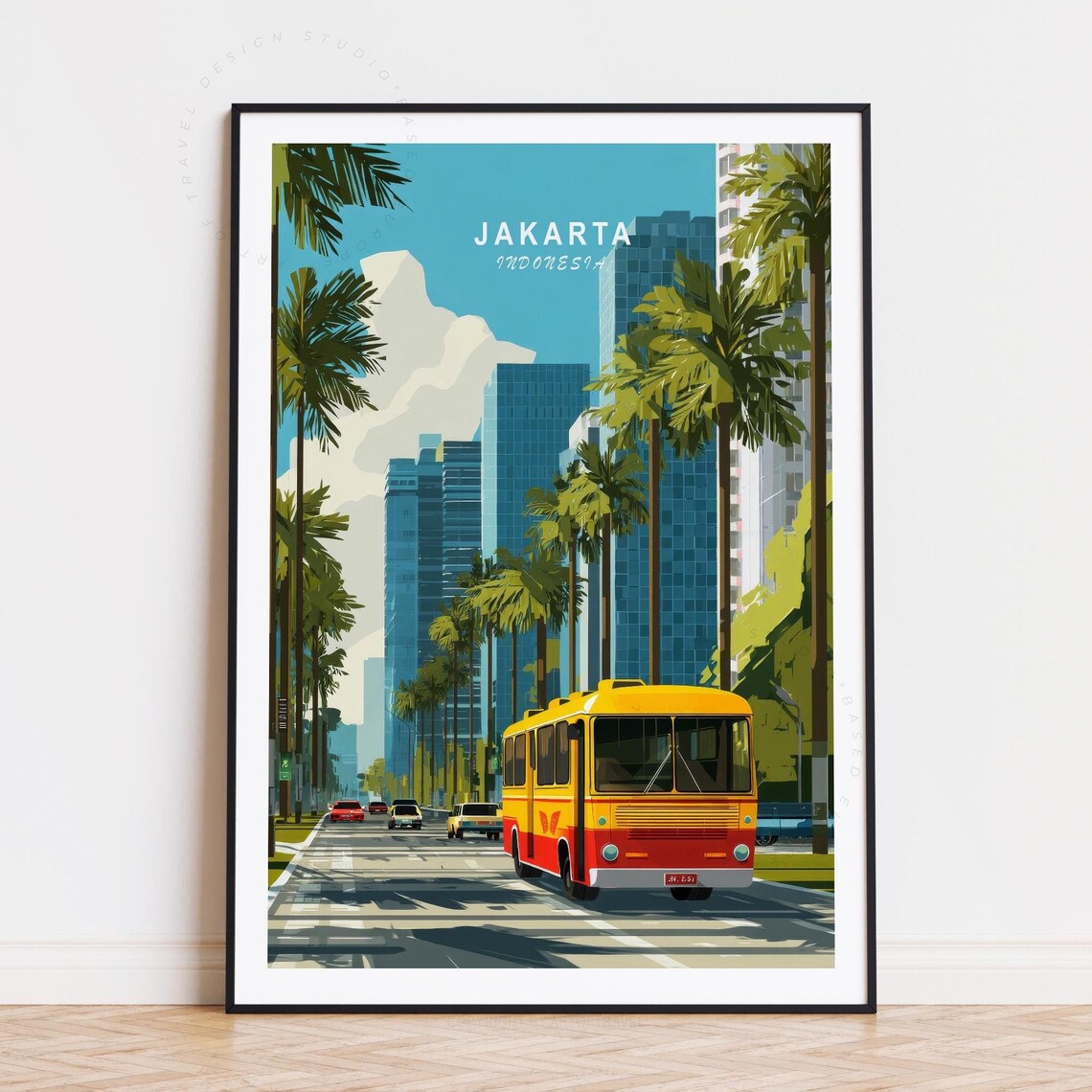 Jakarta Indonesia Palm Lined Avenue Yellow Bus Skyline Art Poster