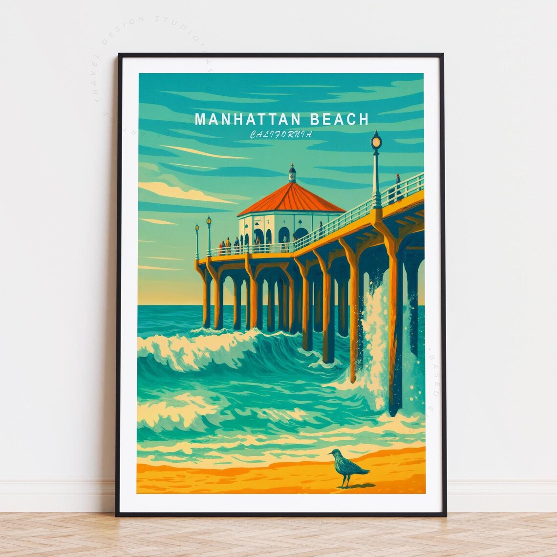 Manhattan Beach California Pier Turquoise Waves Vintage Travel Poster