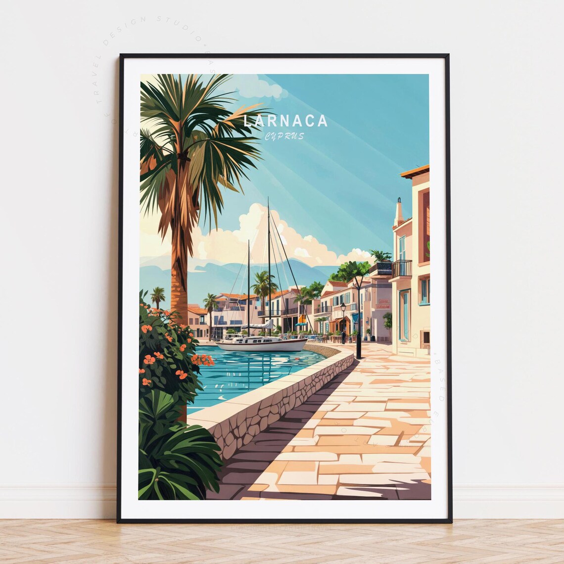 Larnaca Cyprus Waterfront Street Palm Sailboat Sunshine Travel Poster