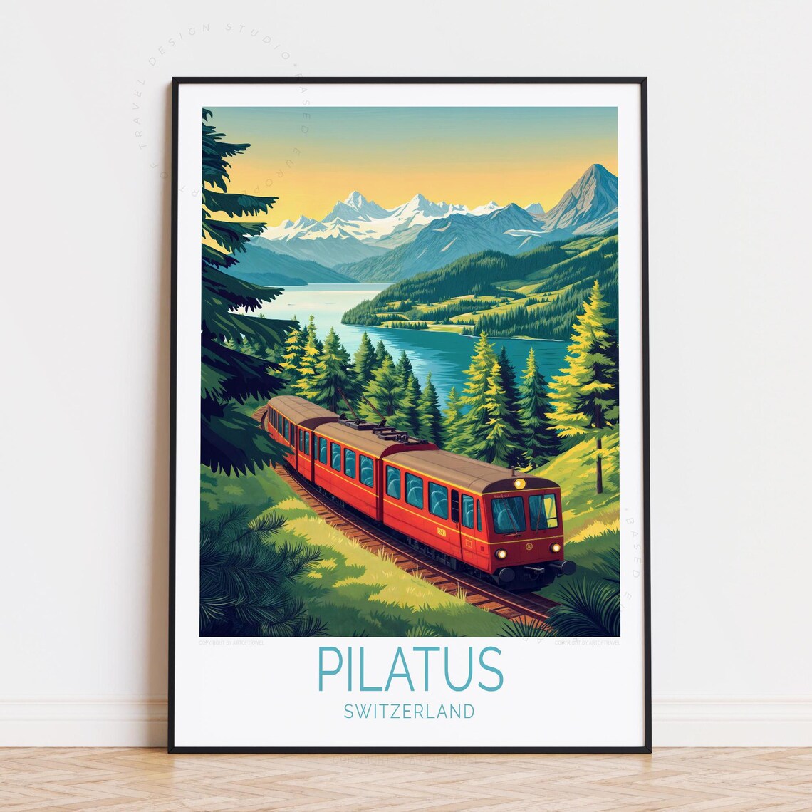Pilatus Switzerland Red Alpine Train Lake and Snow Peaks Travel Poster