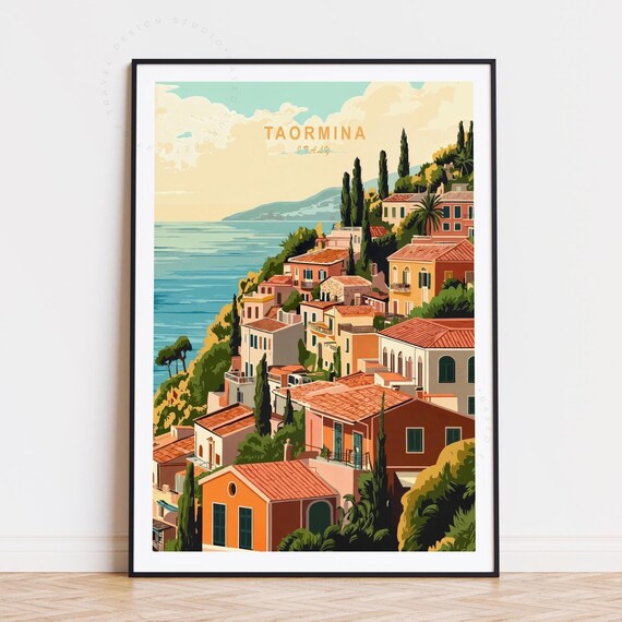 Taormina Italy Coastal Cliff Town with Mediterranean Sea View Poster