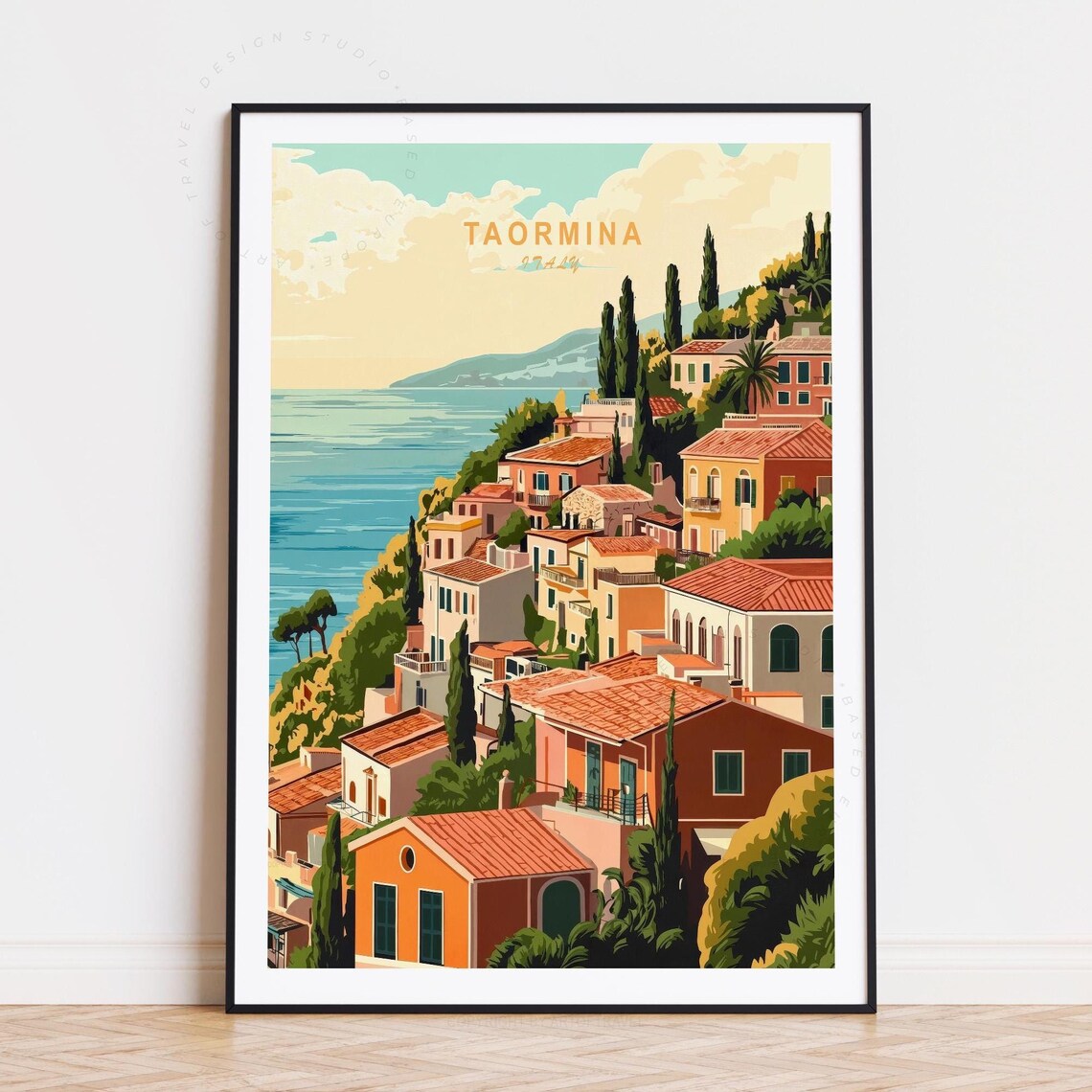 Taormina Italy Coastal Cliff Town with Mediterranean Sea View Poster