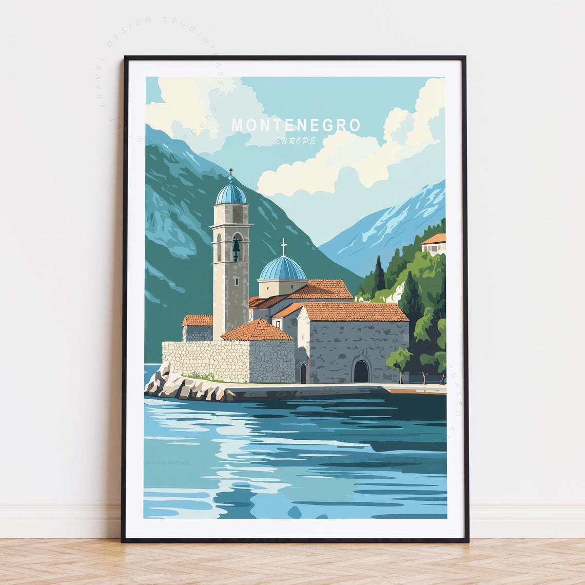 Montenegro Europe Church on the Water with Mountains View Poster