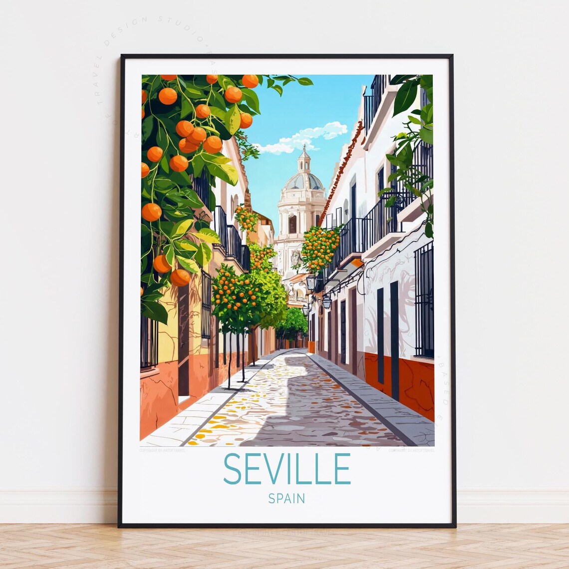 Seville Spain Orange Tree Street Old Town Church Travel Poster