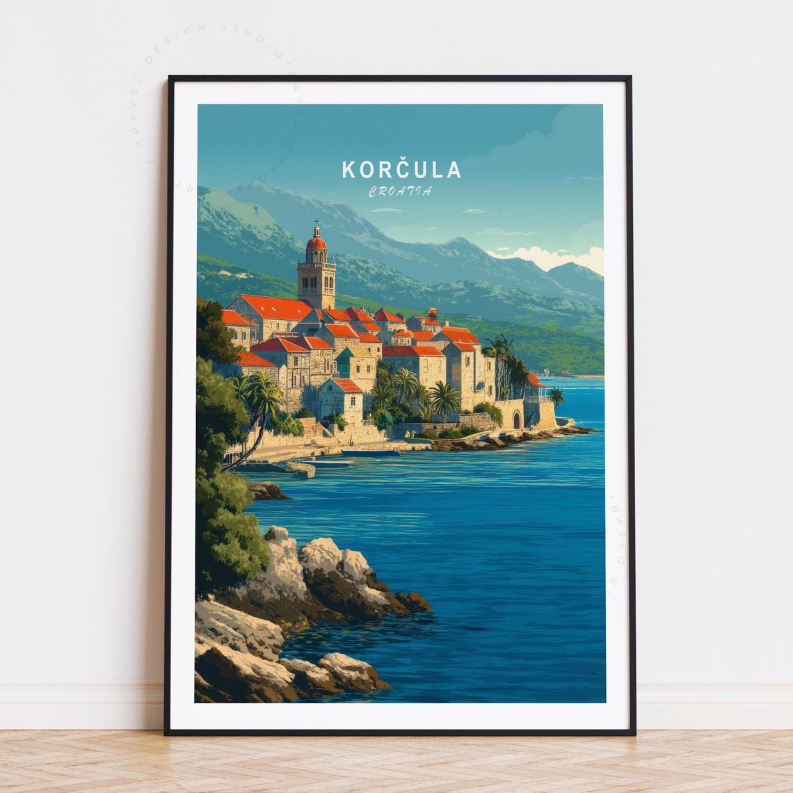 Korcula Croatia Old Town Harbor Adriatic Coast Red Roofs Travel Poster