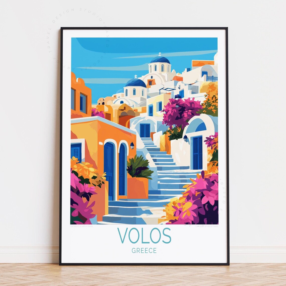 Volos Greece Colorful Hillside Village Retro Travel Art Poster