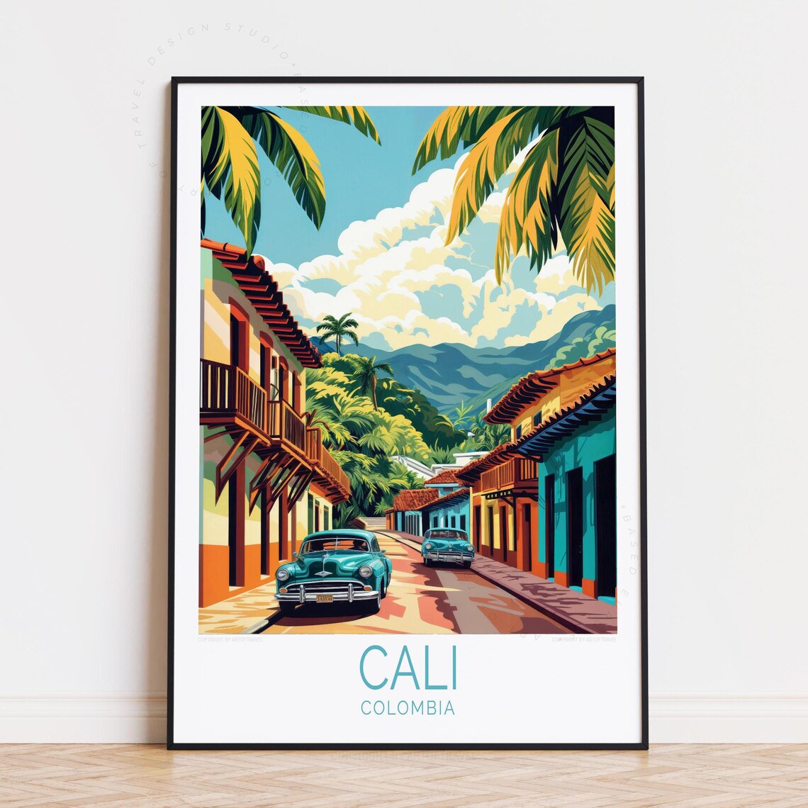 Cali Colombia Vintage Car on Narrow Cobblestone Old Town Street Poster