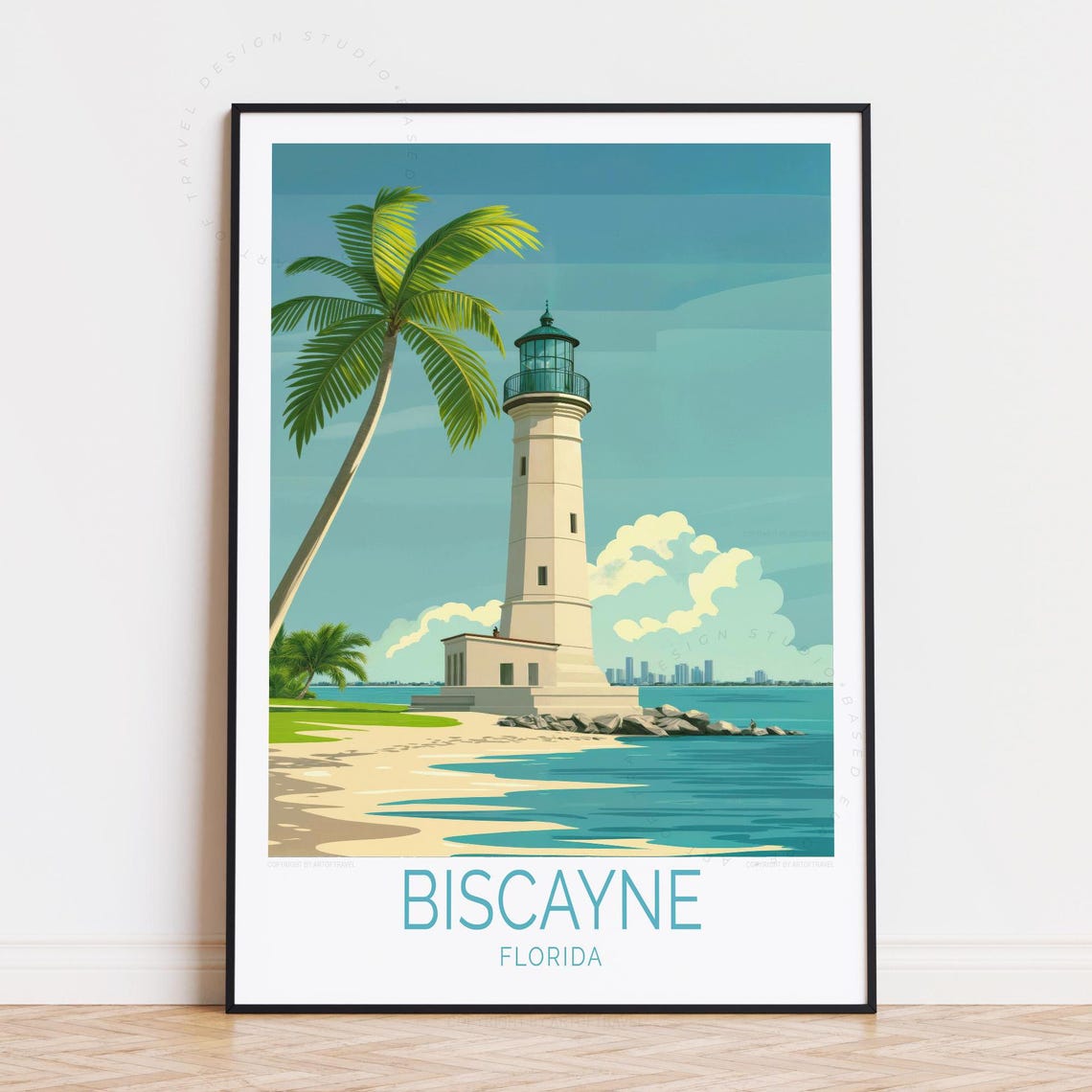Biscayne Florida Lighthouse Beach Palm Bay City Skyline View Poster