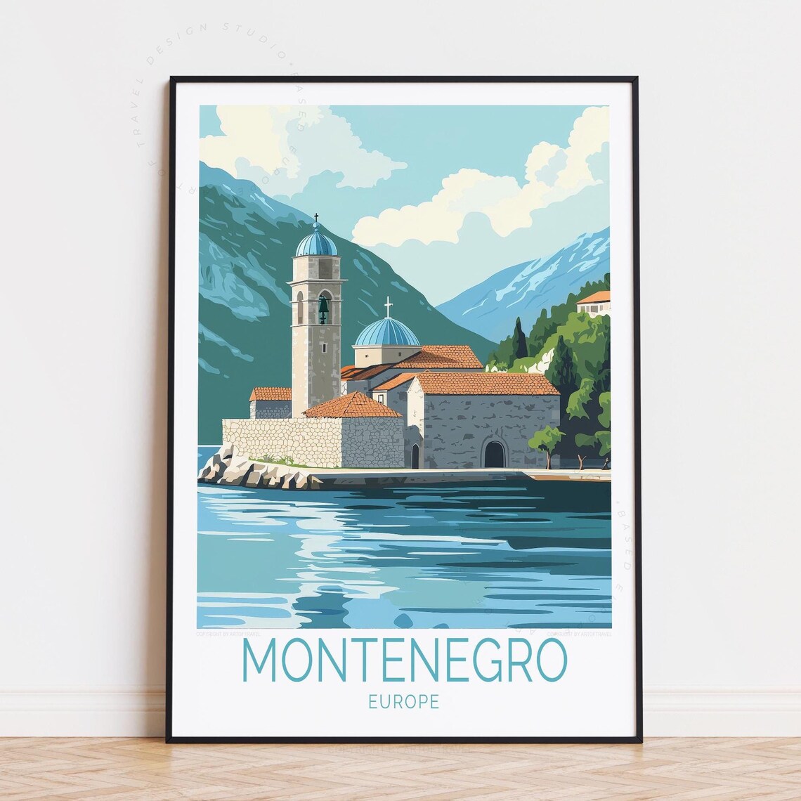Montenegro Europe Bay Island Chapel Coastal Scene Travel Poster